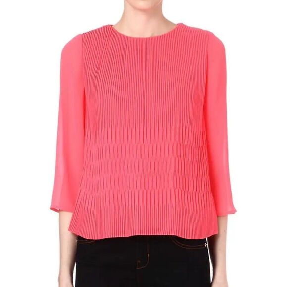 Ted Baker Women Gyda Blouse Sz 1 US 4 Neon Coral Pink Pleated Chiffon 3/4 Sleeve - Picture 1 of 16